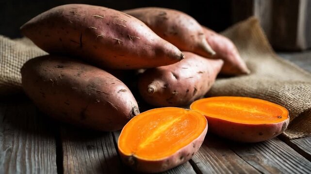 Close-up of vibrant orange sliced sweet potatoes with rustic brown skins arranged on a textured wooden table with soft natural light highlighting their colors and details
