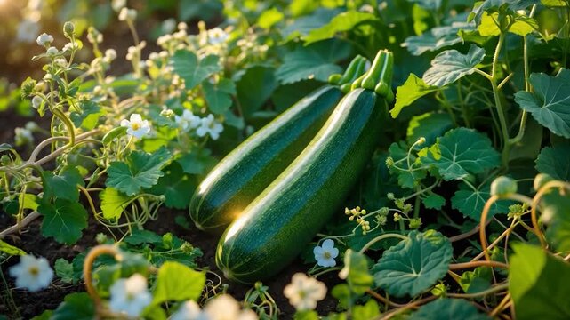 Close-up of fresh green zucchini nestled among vibrant green leaves and delicate white flowers showcasing natural textures and sunlit reflections in a lush outdoor garden setting