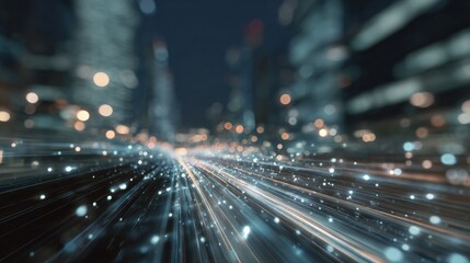 Close-up of a cityscape at night. the background is blurred, but it appears to be a city with tall buildings and skyscrapers. the sky is dark and the buildings are lit up with colorful lights.