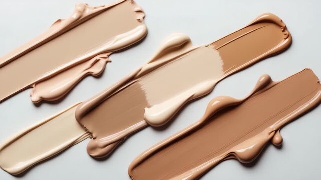 Close-up of creamy foundation swatches in varying shades of beige and tan applied on a smooth white surface showcasing texture and color differences under soft light