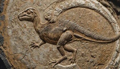 Dinosaur Fossil Relief: Ancient History Etched in Stone Depicting Extinct Reptiles