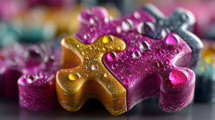 Vibrant macro close-up of colorful puzzle pieces with water droplets, ultra-detailed textured surfaces, glossy reflections, vivid pink and gold tones, abstract playful composition with shallow depth o