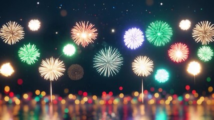 Vibrant display of colorful fireworks bursting in night sky featuring red green and golden explosions reflecting on calm water surface with shimmering bokeh lights in the foreground - Powered by Adobe
