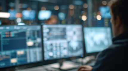 Man sitting in front of three computer monitors in a control room. the monitors are arranged in a row and the man is looking at them intently.