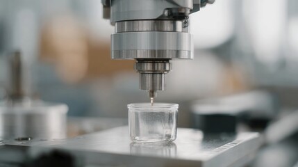 Close-up of a cnc (computer numerical control) machine in a factory setting. the machine is silver in color and has a cylindrical shape with a nozzle at the top.