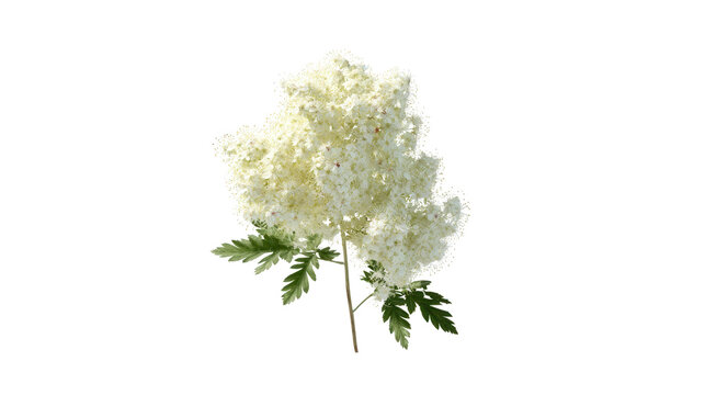 White Meadowsweet Flower Spray with Green Leaves on Black isolated on a transparent background