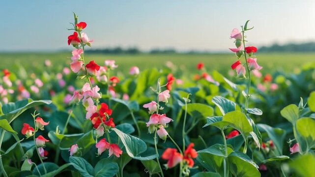 Vibrant red and pink flower blossoms swaying gently in a lush green field under soft natural light showcasing a serene outdoor landscape throughout the video with consistent floral growth and texture