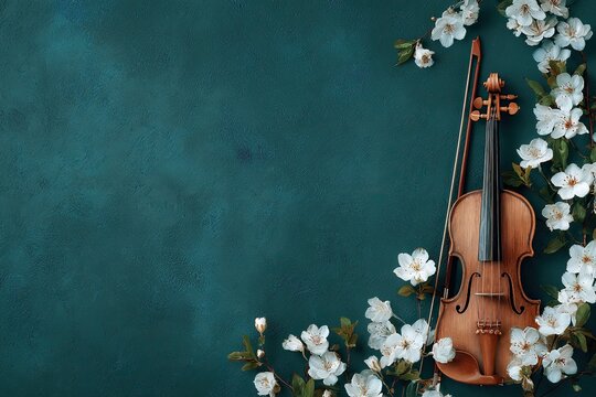 A violin is surrounded by white flowers against a dark teal textured background