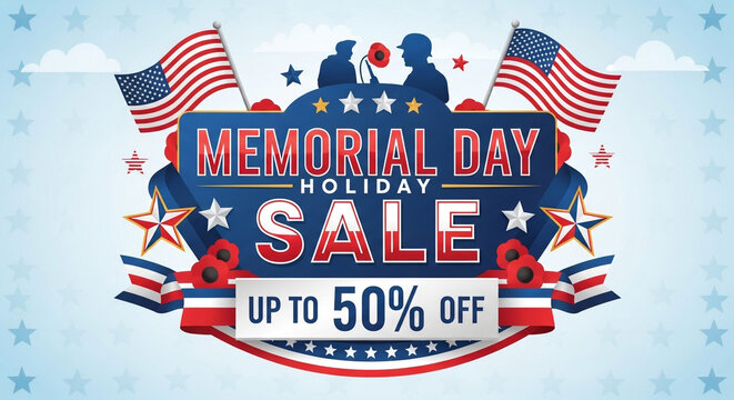 Celebrate Memorial Day with incredible holiday sale savings up to 50% off, featuring patriotic stars, flags, and poppies for your promotions