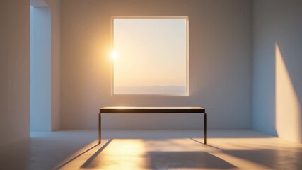 Minimalist interior with a sleek black table positioned under a large window showcasing a warm sunrise casting soft light and shadows on a smooth floor in a bright airy space