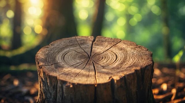 Close-up of a textured wooden tree stump with detailed rings in a sunlit forest during daytime surrounded by soft greenery and bokeh effects highlighting natural elements and serene environment