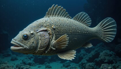 Fototapeta premium Captivating Close-Up of a Fantastic Stone-Textured Fish in the Deep Blue Ocean