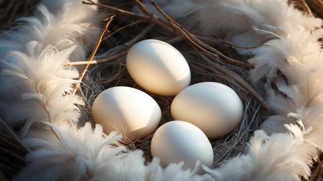 Close-up of four smooth white eggs nestled in a nest made of twigs and soft feathers illuminated by soft natural light with warm tones highlighting their texture and details