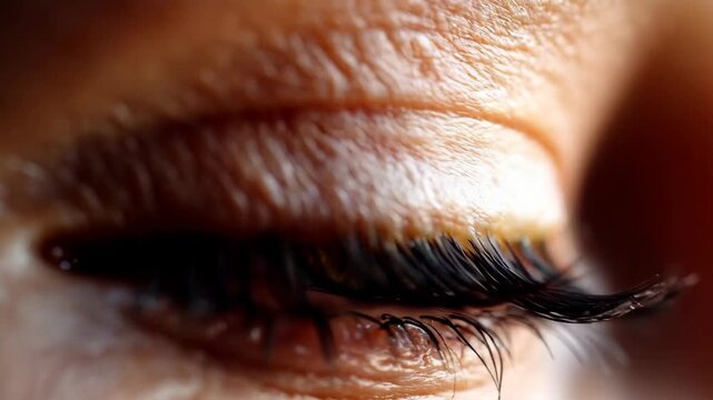 Deep gaze within a brown eye reveals detail iris and lashes conveying a sense wonder and focus 
