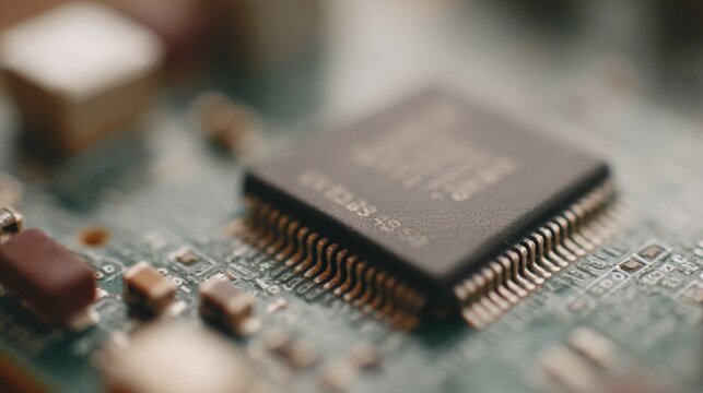 Close-up of a printed circuit board (pcb) with various electronic components scattered around it. in the center of the image, there is a black electronic chip with gold-colored text on it.