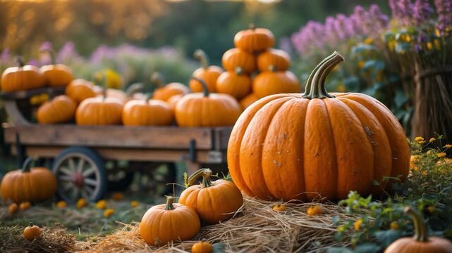 Close-up of vibrant orange pumpkins in a rustic farm setting arranged on hay with a wooden cart in soft natural light surrounded by colorful fall flowers and greenery