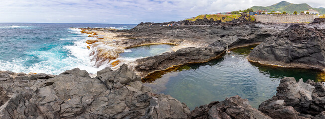 Panorama of natural pools at Mosteiros, Azores, Portugal