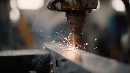 Close-up of a cnc (computer numerical control) machine in action. the machine is in the process of cutting a piece of metal, with sparks flying from the drill bit as it cuts through the metal.