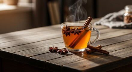 Cozy steaming mulled cider with cinnamon and star anise warms a rustic wooden table on a crisp autumn day, perfect for seasonal promotions and holiday ambiance.