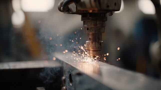 Close-up of a cnc (computer numerical control) machine in action. the machine is in the process of cutting a piece of metal, with sparks flying from the drill bit as it cuts through the metal.