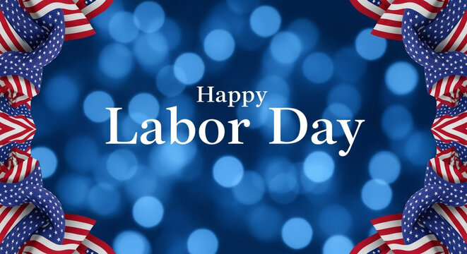 Celebrate Labor Day with patriotic American flags and festive blue bokeh lights, honoring workers and national pride.
