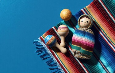 Overhead view of vibrant folk art on a blue surface. Traditional doll, rattles, and sphere rest on striped textile