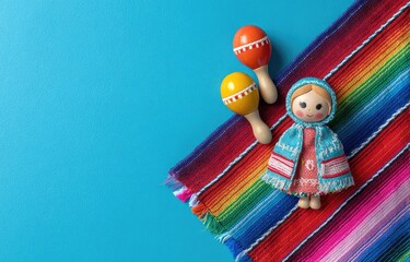 Vibrant still life featuring colorful textile, maracas, and a folk-art doll, all on a blue surface