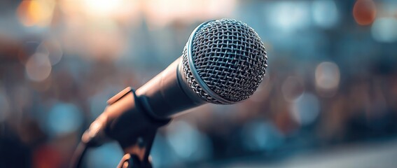 Close-up shot of a microphone on a stand, with a blurred background of a venue and lights