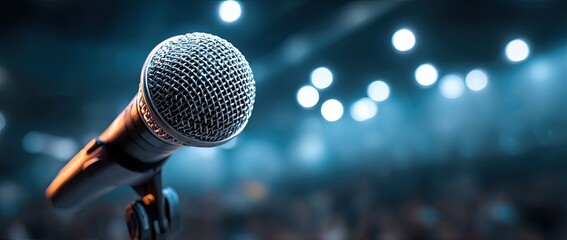 A close-up shot of a microphone on a stand with a blurred stage lit with lights behind it