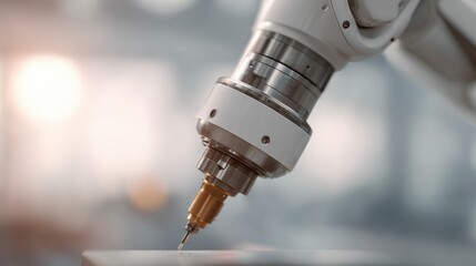 Close-up of a robotic arm with a cnc (computer numerical control) machine. the robotic arm is white in color and has a cylindrical shape with a metallic body.