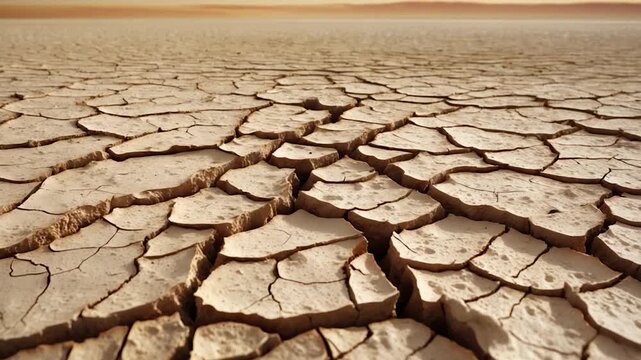 Expansive view of cracked arid desert soil stretching into the horizon under warm golden light showcasing detailed textures and patterns in a dry environment