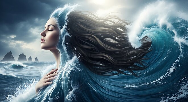 Mystical portrait of a woman emerging from a powerful ocean wave, her hair blending with the swirling blue water under a dramatic sky