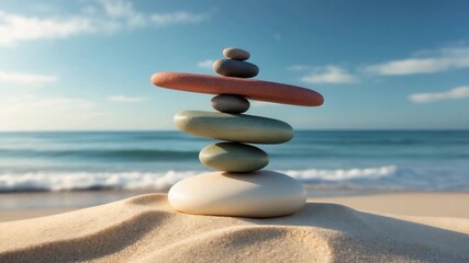 Balanced rocks stack on sandy beach with ocean and blue sky soft natural light highlighting various stone shapes and colors creating a serene outdoor scene of tranquility and beauty