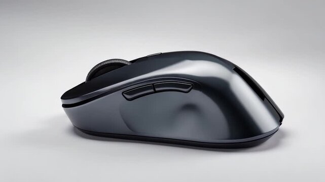 Close-up view of a sleek dark gray computer mouse showcasing smooth contours ergonomic design and various buttons against a soft gradient background with subtle reflections emphasizing its modern look