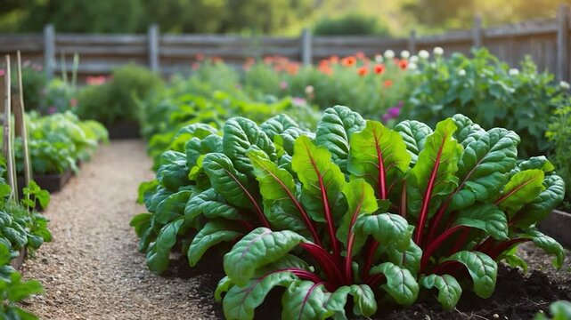 Vibrant green Swiss chard plants growing vigorously in a sunny garden framed by colorful flowers and lush vegetation along a gravel path showcasing rich textures and natural lighting