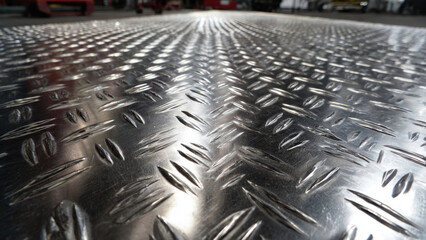 A close-up, low-angle view of a shiny metallic diamond plate, also known as checker plate, featuring an anti-slip raised pattern texture.