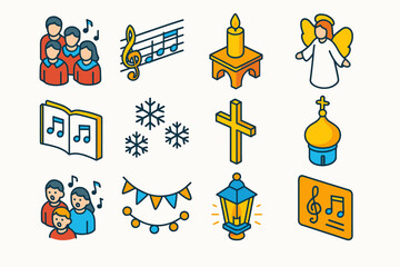 Orthodox New Year Celebration. Orthodox New Year Festive Choir flat icon set: choir group, musical staff, candlelit altar, angel figure, open hymn book, snowflakes falling, golden