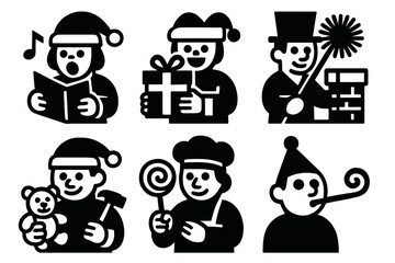 Festive Friends Icons. Festive Friends silhouette icon set: caroler, gift giver, chimney sweeper, toy maker, candy maker, party guest