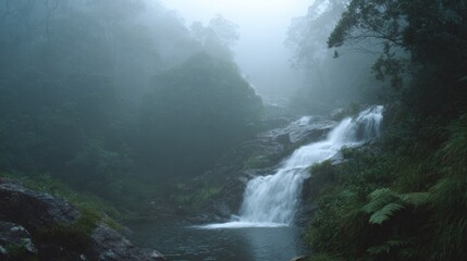 Beautiful waterfall cascading down a rocky cliff in a lush green forest. the waterfall is surrounded by tall trees and ferns, and the water is a deep blue-green color.