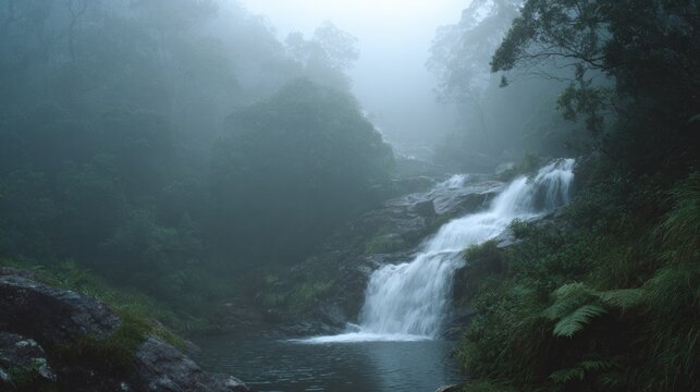 Beautiful waterfall cascading down a rocky cliff in a lush green forest. the waterfall is surrounded by tall trees and ferns, and the water is a deep blue-green color.
