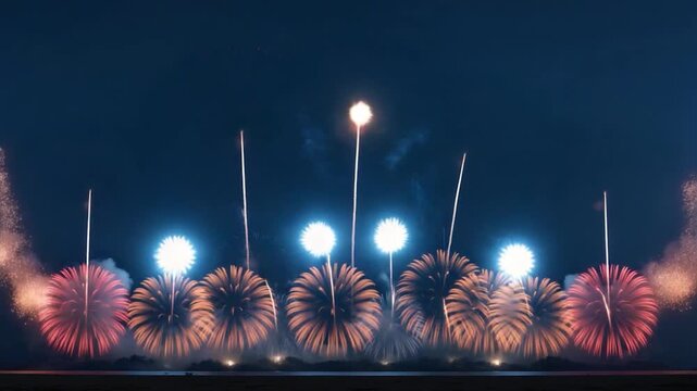 Spectacular fireworks display with colorful explosions lighting up the night sky in various patterns during a celebration featuring vibrant red white and blue colors against a dark backdrop