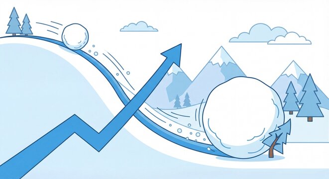 Snowball effect concept illustration showing small snow ball rolling down hill growing bigger with growth arrow