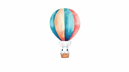Fototapeta premium Cute watercolor bunny travels inside a striped hot air balloon high in the sky