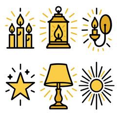Fototapeta premium Luminescent Icons Ensemble. Golden Radiance linear icon set : candle trio, lantern light, wall sconce, soft lamp shade, star glow, radiant beam