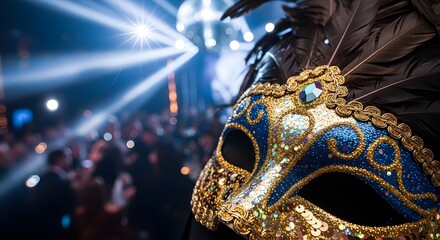 Elegant blue and gold masquerade mask with feathers, sharply focused against a blurred background of a lively party scene with shimmering lights, evoking mystery and celebration