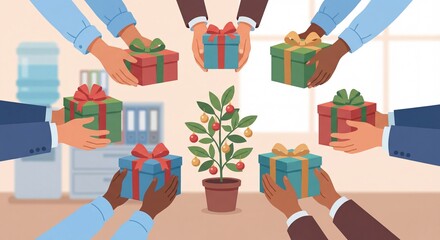 Circle of diverse hands holding gift boxes around small pot plant tree representing secret santa exchange concept