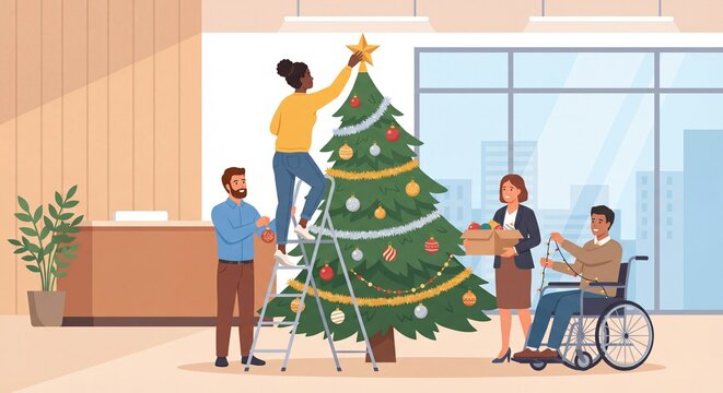 Diverse business team including man in wheelchair decorating christmas tree in office lobby teamwork and inclusion concept - Powered by Adobe