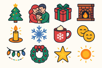 Christmas Icon Bliss. Christmas Heartfelt Moments flat icon set: glowing tree, family hug, wrapped gift, cozy fireplace, candlelight, snowflake, hot cocoa mug, smiling faces