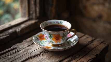 Elegant porcelain teacup with floral design filled with dark coffee resting on an aged wooden surface near a window with soft natural light filtering through capturing detailed textures of old wood - Powered by Adobe