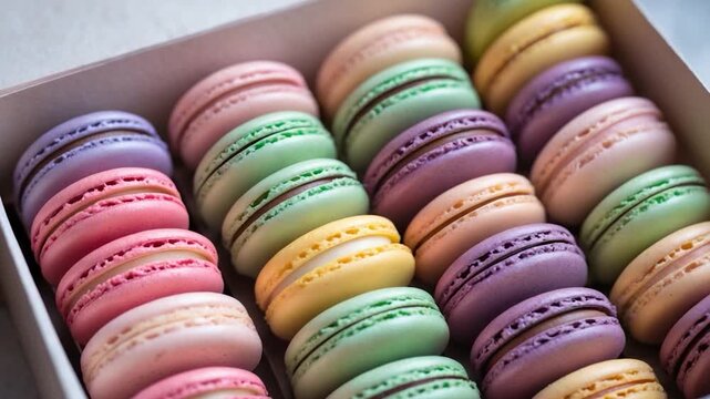 Colorful macarons arranged in a neatly filled box showcasing an array of pastel shades and smooth textures illuminated by soft natural light creating an appetizing display of delicacies.